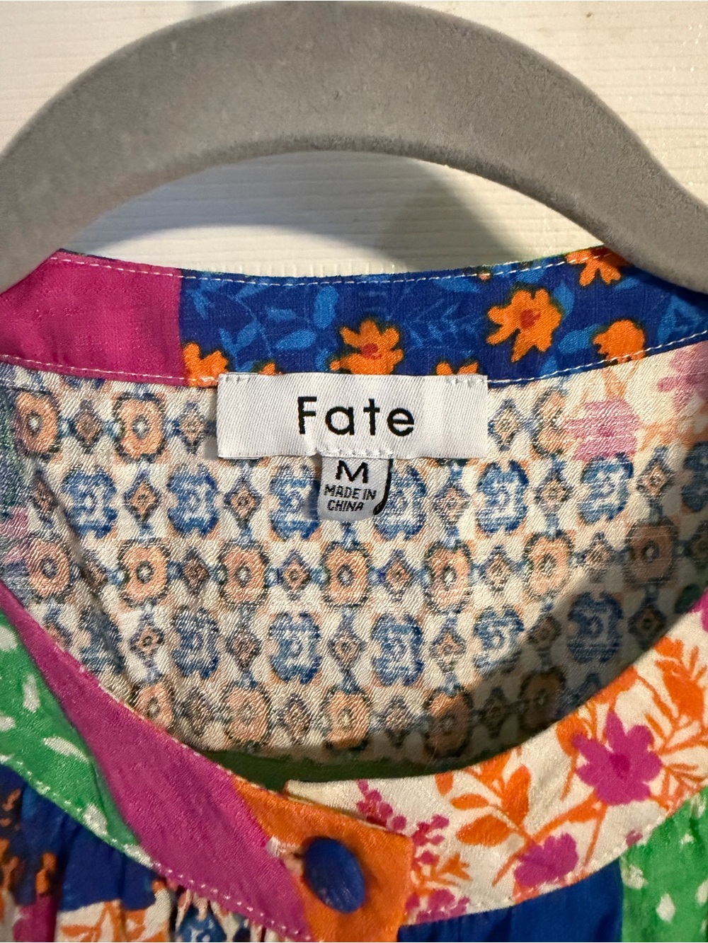 Fate Patchwork Floral Button-Front Blouse in Green, Blue, Pink, White - Picture 3 of 3